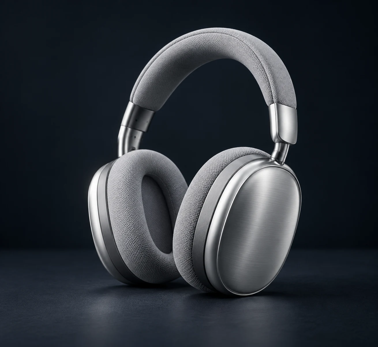 Illustrative silver over-ear headphones on a charcoal surface