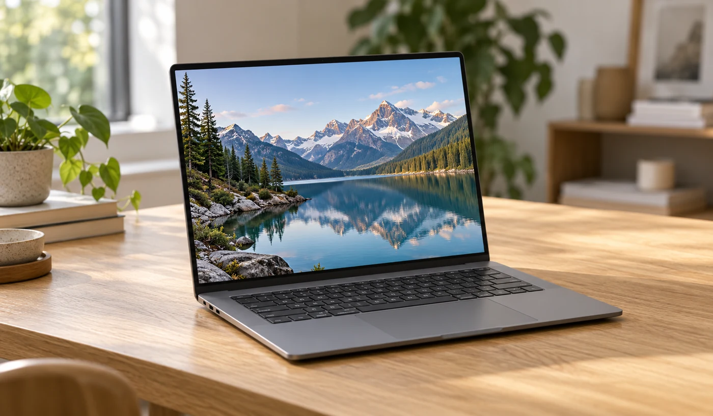Illustrative slim silver laptop with a mountain landscape on its screen