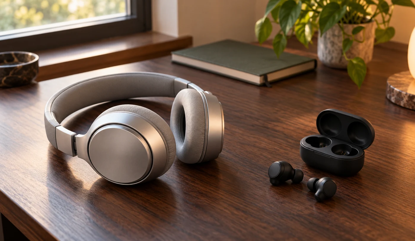 Compare pocketable earbuds with an over-ear alternative — illustrative image