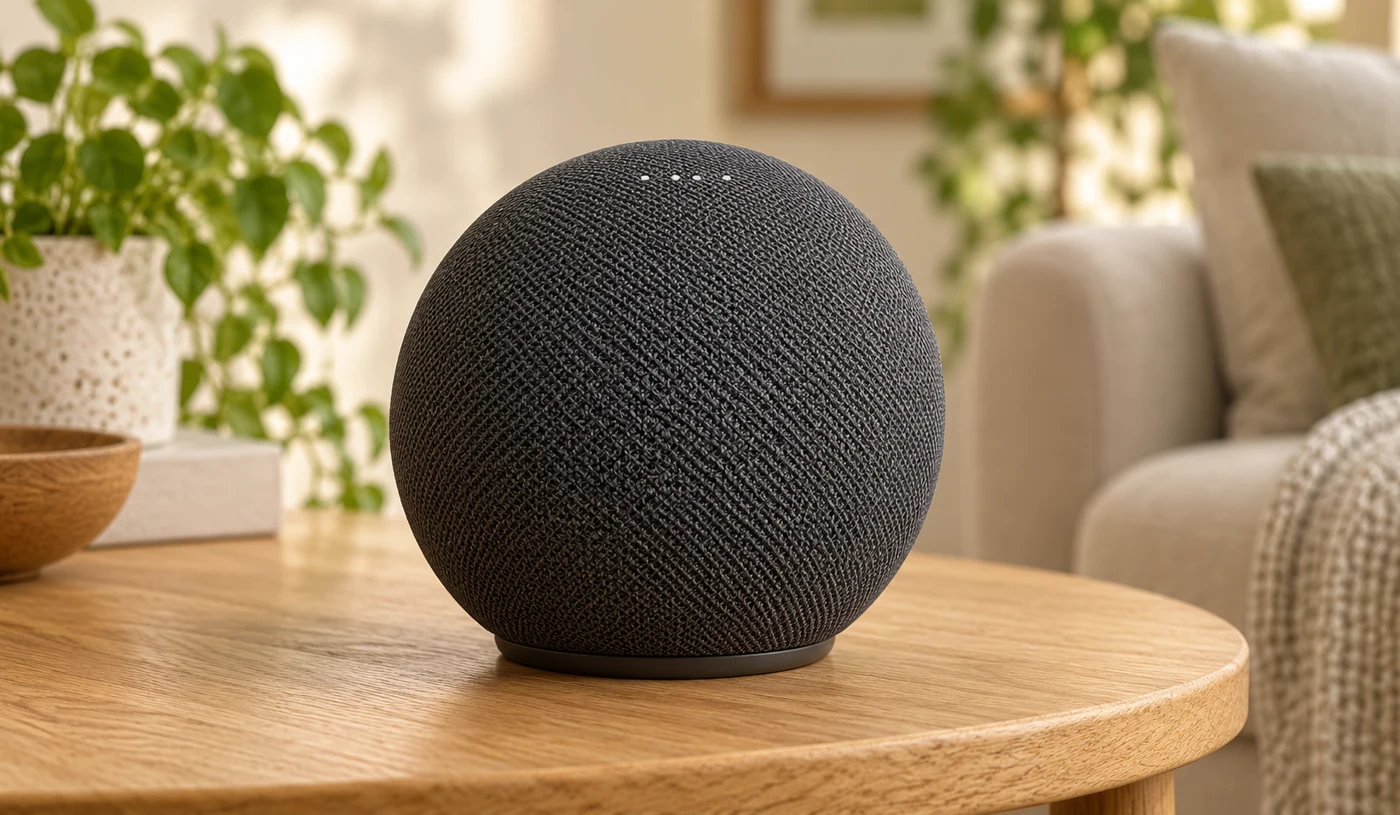 Illustrative charcoal fabric smart speaker on a wooden table